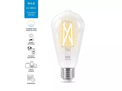 Умная лампа WIZ Wi-Fi BLE 60W ST64 E27 927-65 CL 1PF/6 , 7Вт, 806лм, 2700-6500К, E27, WiFi, прозрачный (929003018601)