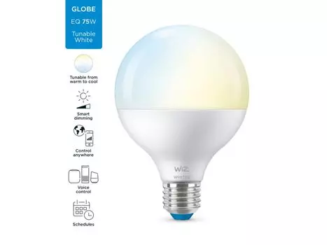 Умная лампа WiZ Wi-Fi BLE 75W G95 E27 927-65 TW 1PF/6 , 11Вт, 1055лм, 2700-6500К, E27, WiFi, белый (929002449602)