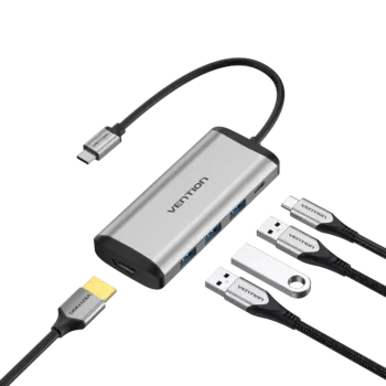 USB-концентратор Vention, 3xUSB 3.0, 1xUSB-C, черный/серебристый + HDMI (4K@30Hz), PD (100W) (CNBHB)