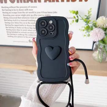 Длинный силиконовый чехол с 3D сердечком на шнурке для iPhone 12, 13, 11, 14, 15 Pro Max Plus X XR XS Max 7P 8Plus SE2020, фигурный волнистый чехол For iPhone 15 светло-синий