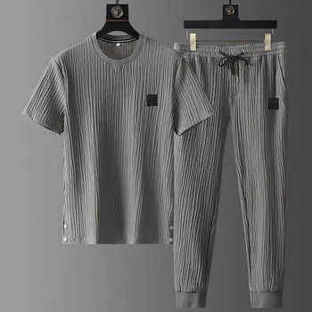 Летняя повседневная эластичная рубашка со складками большого размера и брюки, спортивный костюм из 2 предметов