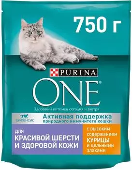 Сухой корм для кошек Purina ONE для красивой шерсти и здоровой кожи с курицей 750г