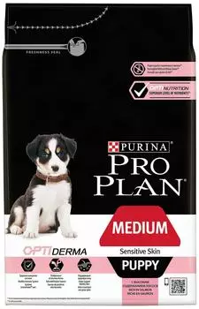 Сухой корм для щенков Pro Plan Optiderma Medium Puppy Sensitive Skin для средних пород для здоровья кожи и шерсти с лосо