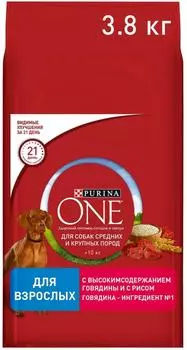 Сухой корм для собак Purina ONE для средних и крупных пород с говядиной и рисом 3.8кг