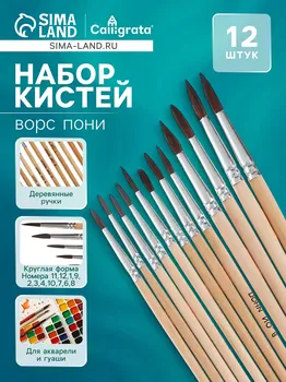 Набор кистей пони 12 штук: № 1, 2, 3, 4, 5, 6, 7, 8, 9, 10, 11, 12, круглые