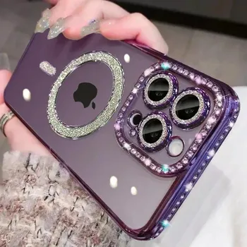 Роскошный блестящий прозрачный защитный чехол для iPhone 15 16 11 12 13 14 Pro Max 16 Plus Magsafe Magnetic Wireless Charging Clear Cover For iPhone 16 ProMax серебряный