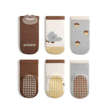 3 Pairs/Lot New Baby Floor Socks Full Sole Rubber Non-Slip Kids Socks Cute Cartoon Letter Baby Toddler Socks For Boys And Girls S (0-1Y)