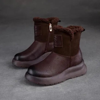 Johnature Solid Color Thick Plush Warm Flat Short Boots Versatile Genuine Leather Soft Soled Women s Boots 35 бежевый
