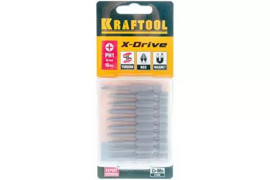 Бита односторонняя Kraftool X-Drive PH1, 50 мм, 1/4 (тип Е), магнитная, ударная, 10 шт. (26121-1-50-10)