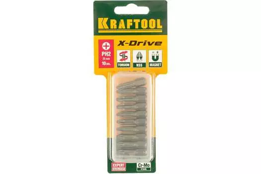 Бита односторонняя Kraftool X-Drive PH2, 25 мм, 1/4 (тип Е), магнитная, ударная, 10 шт. (26121-2-25-10)