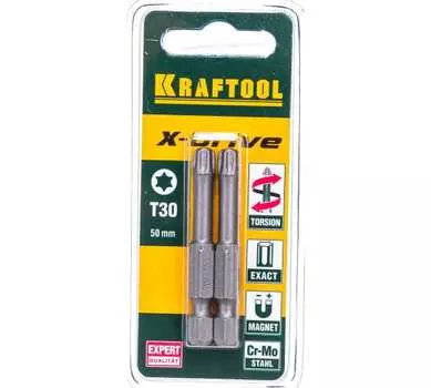 Бита односторонняя Kraftool X-Drive Т(ТХ)30, 50 мм, 1/4 (тип Е), магнитная, ударная, 2 шт. (26125-30-50-2)