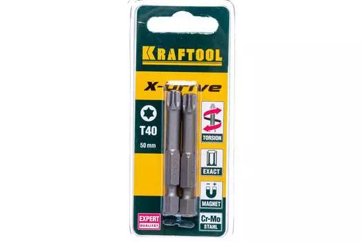 Бита односторонняя Kraftool X-Drive Т(ТХ)40, 50 мм, 1/4 (тип Е), магнитная, ударная, 2 шт. (26125-40-50-2)