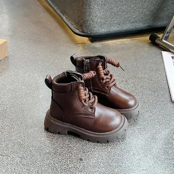 Kids Motorcycle Boots British Style Boys Girls Ankle Boots Handsome Versatile 2024 New Fashion Children Short Boots Soft Sole 21 бежевый