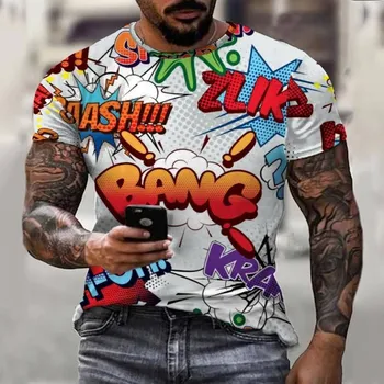 Граффити Comic Explosion 3D Полное тело Трехмерная печать Летняя хип-хоп Веселая индивидуальная мужская футболка Топ с короткими рукавами S