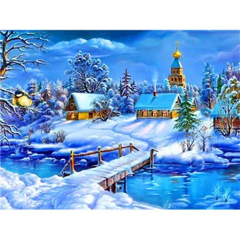 5D Diy алмазная живопись Зимний пейзаж Алмазная вышивка Зимняя снежная сцена Рождественская мозаика Дом Набор для вышивки крестом Домашний декор Full Round 20x30CM