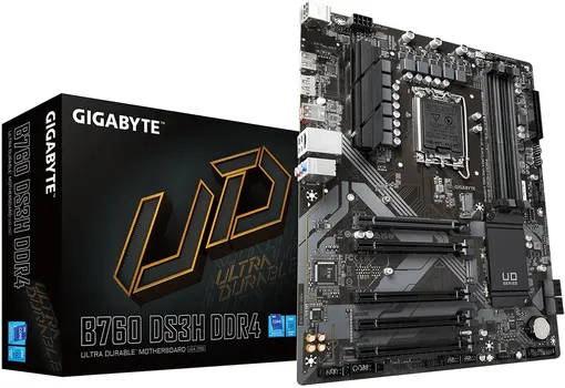 Материнская плата ATX GIGABYTE B760 DS3H DDR4 (LGA1700, B760, 4*DDR4 (5333), 4*SATA 6G RAID, 2*M.2, 5*PCIE, Glan, HDMI, DP, USB Type-C, USB 3.2, 4*USB