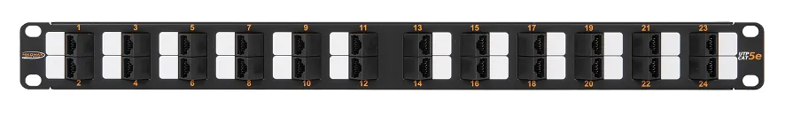 Патч-панель NikoMax NMC-RP24UD2-AN-1U-BK 19", 1U, 24 угловых порта, Кат.5e (Класс D), 100МГц, RJ45/8P8C, 110/KRONE, T568A/B, неэкранированная, с орган