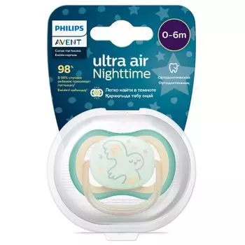 Соска-пустышка силиконовая ортодонтическая с футляром 0-6 мес. Ultra Air night Philips Avent (SCF377/01)