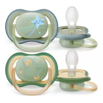 Соска-пустышка силиконовая ортодонтическая с футляром 0-6 мес. Ultra Air Night Philips Avent 2шт (SCF376/18)