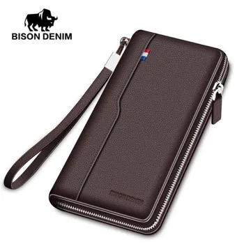 BISON DENIM модный мужской кошелек из натуральной кожи длинный кошелек на молнии большой емкости кошелек с держателем для кредитных карт коричневый