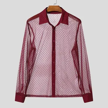 INCERUN Men Lapel Neck Long Sleeve Mesh Sheer Polka Dots Shirts S