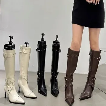 Fashion Women s Fashion Over-the-knee Boots Fall New Pointy Riveted Belt Buckle High Heel Skinny Side Zipper Boots 35 белый