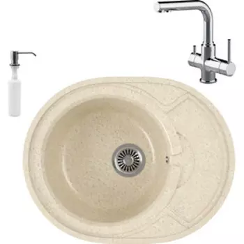 Кухонная мойка и смеситель GreenStone GRS-18k-328 Lemark Comfort LM3061C с сифоном и дозатором, бежевая