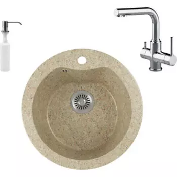 Кухонная мойка и смеситель GreenStone GRS-08S-302 Lemark Comfort LM3061C с сифоном и дозатором, песочная