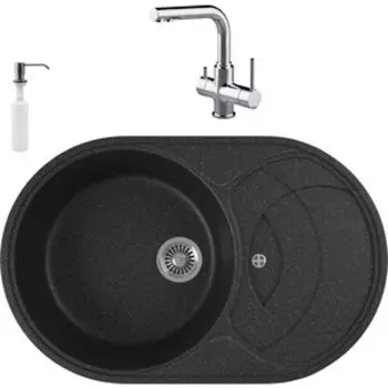 Кухонная мойка и смеситель GreenStone GRS-18S-308 Lemark Comfort LM3061C с сифоном и дозатором, черная