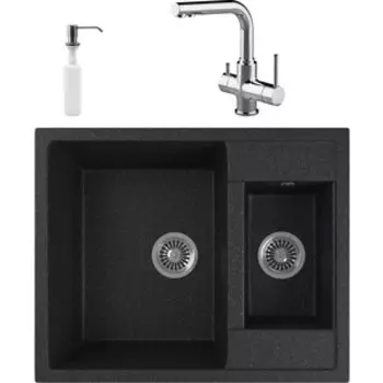 Кухонная мойка и смеситель GreenStone GRS-21-308 Lemark Comfort LM3061C с сифоном и дозатором, черная