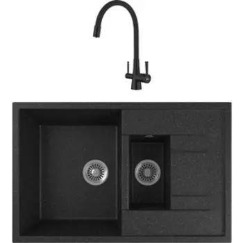 Кухонная мойка и смеситель GreenStone GRS-21K-308 Lemark Comfort LM3075BL с сифоном, черная