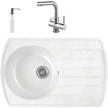 Кухонная мойка и смеситель GreenStone GRS-23-331 Lemark Comfort LM3061C с сифоном и дозатором, белая