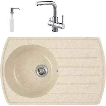 Кухонная мойка и смеситель GreenStone GRS-23-328 Lemark Comfort LM3061C с сифоном и дозатором, бежевая