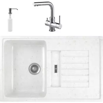 Кухонная мойка и смеситель GreenStone GRS-24-331 Lemark Comfort LM3061C с сифоном и дозатором, белая
