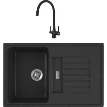 Кухонная мойка и смеситель GreenStone GRS-24-343 Lemark Comfort LM3075BL с сифоном, антрацит