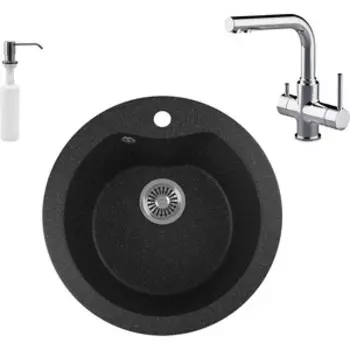 Кухонная мойка и смеситель GreenStone GRS-08S-308 Lemark Comfort LM3061C с сифоном и дозатором, черная