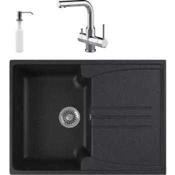 Кухонная мойка и смеситель GreenStone GRS-40s-308 Lemark Comfort LM3061C с сифоном и дозатором, черная