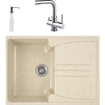 Кухонная мойка и смеситель GreenStone GRS-40s-328 Lemark Comfort LM3061C с сифоном и дозатором, бежевая