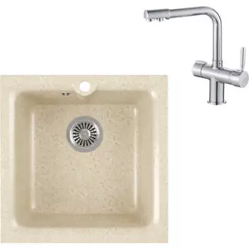 Кухонная мойка и смеситель GreenStone GRS-42-328 Haiba HB70088 с сифоном, бежевая