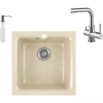 Кухонная мойка и смеситель GreenStone GRS-42-328 Lemark Comfort LM3061C с сифоном и дозатором, бежевая