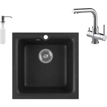 Кухонная мойка и смеситель GreenStone GRS-42-308 Lemark Comfort LM3061C с сифоном и дозатором, черная
