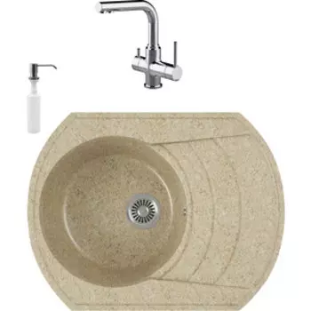 Кухонная мойка и смеситель GreenStone GRS-65-302 Lemark Comfort LM3061C с сифоном и дозатором, песочная