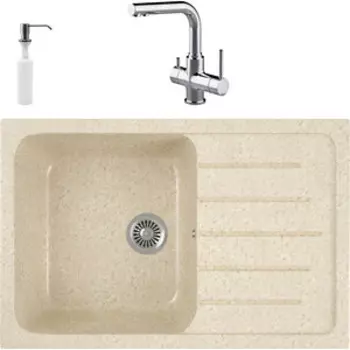 Кухонная мойка и смеситель GreenStone GRS-76-328 Lemark Comfort LM3061C с сифоном и дозатором, бежевая