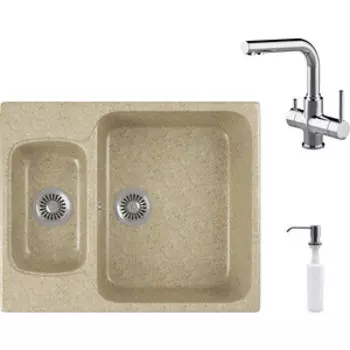 Кухонная мойка и смеситель GreenStone GRS-09-302 Lemark Comfort LM3061C с сифоном и дозатором, песочный