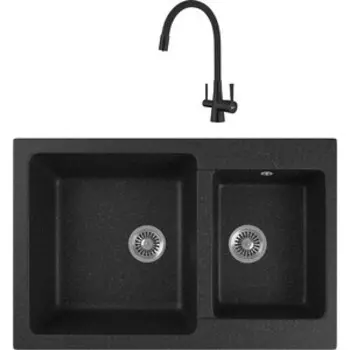Кухонная мойка и смеситель GreenStone GRS-76k-308 Lemark Comfort LM3075BL с сифоном, черная