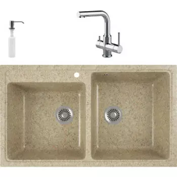 Кухонная мойка и смеситель GreenStone GRS-85k-302 Lemark Comfort LM3061C с сифоном и дозатором, песочный