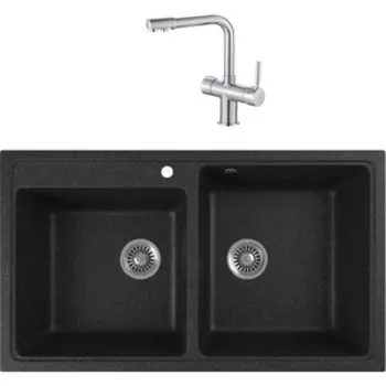 Кухонная мойка и смеситель GreenStone GRS-85k-308 Haiba HB70088 с сифоном, черная