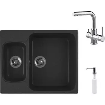 Кухонная мойка и смеситель GreenStone GRS-09-343 Lemark Comfort LM3061C с сифоном и дозатором, антрацит