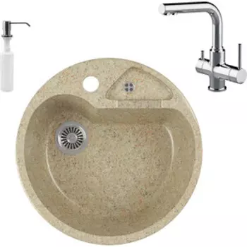 Кухонная мойка и смеситель GreenStone GRS-08K-302 Lemark Comfort LM3061C с сифоном и дозатором, песочная