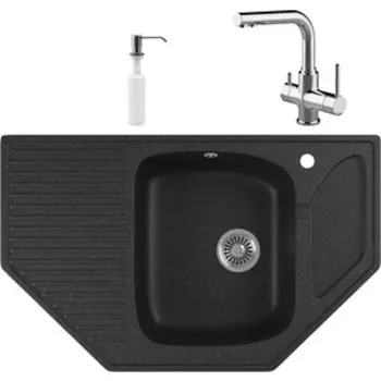 Кухонная мойка и смеситель GreenStone GRS-10-308 Lemark Comfort LM3061C с сифоном и дозатором, черная